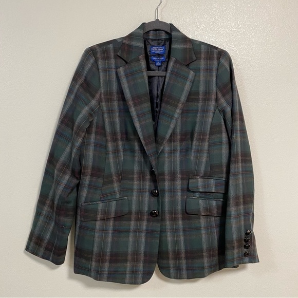 Pendleton Blazer women’s size 12 Green Brown Plaid Virgin Wool Coat - Picture 1 of 14